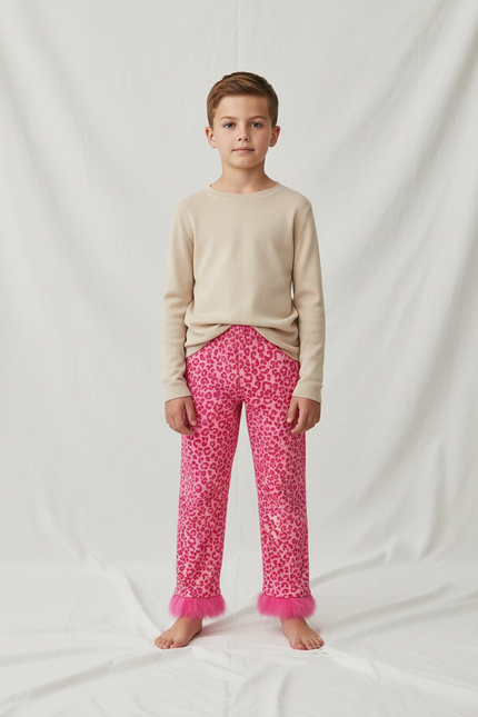 Pantalon Léopard Rose Fourrure Enfant Ample Confortable - Molleton