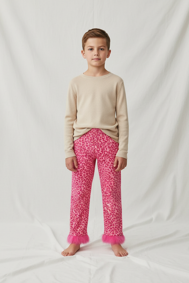 Pantalon Léopard Rose Fourrure Enfant Ample Confortable - Molleton