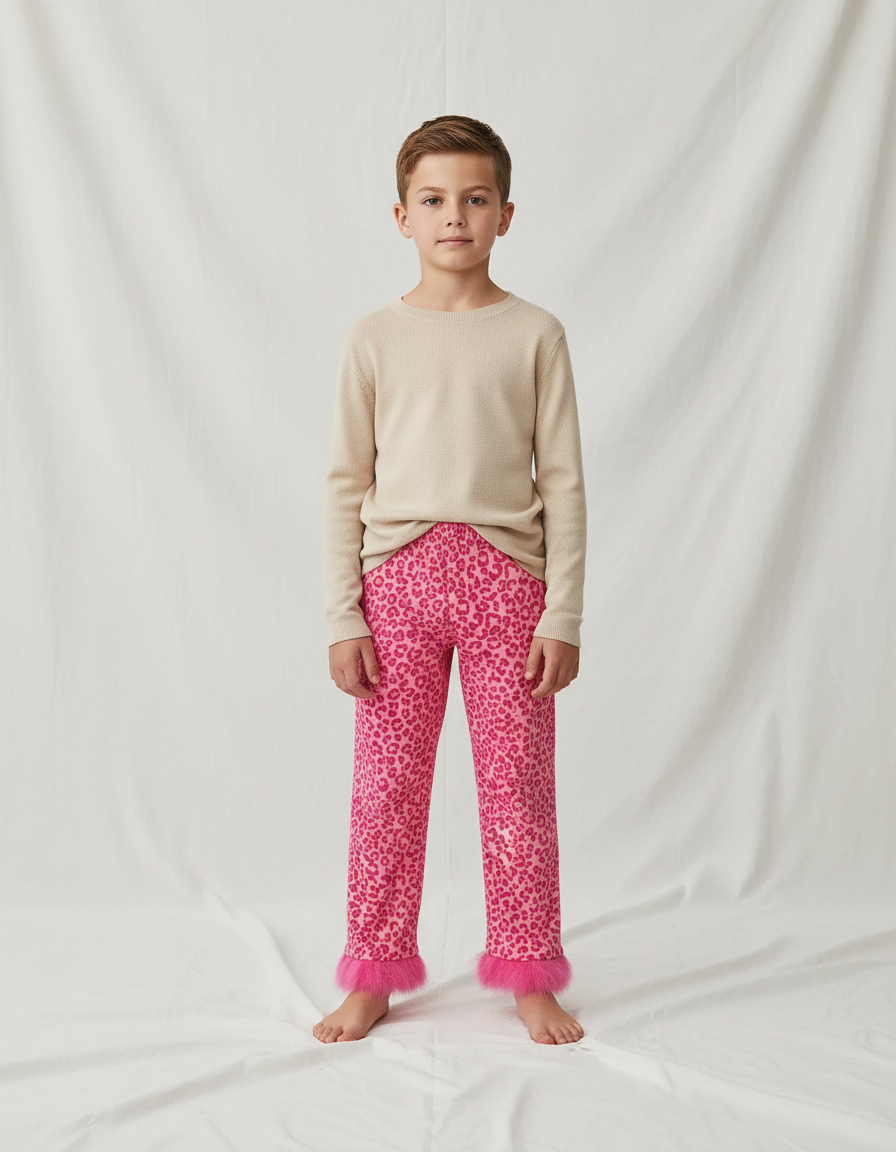 Pantalon Léopard Rose Fourrure Enfant Ample Confortable - Molleton