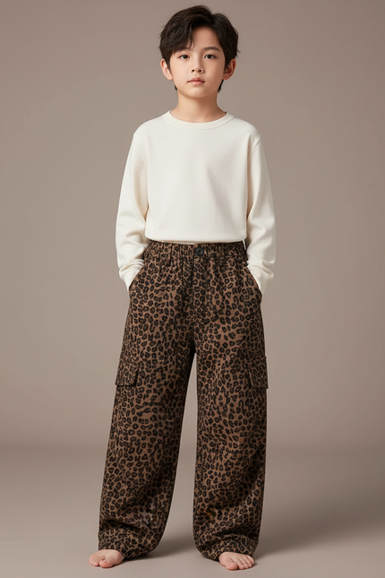 Pantalon Léopard Cargo Ample Marron Imprimé Enfants - Velours