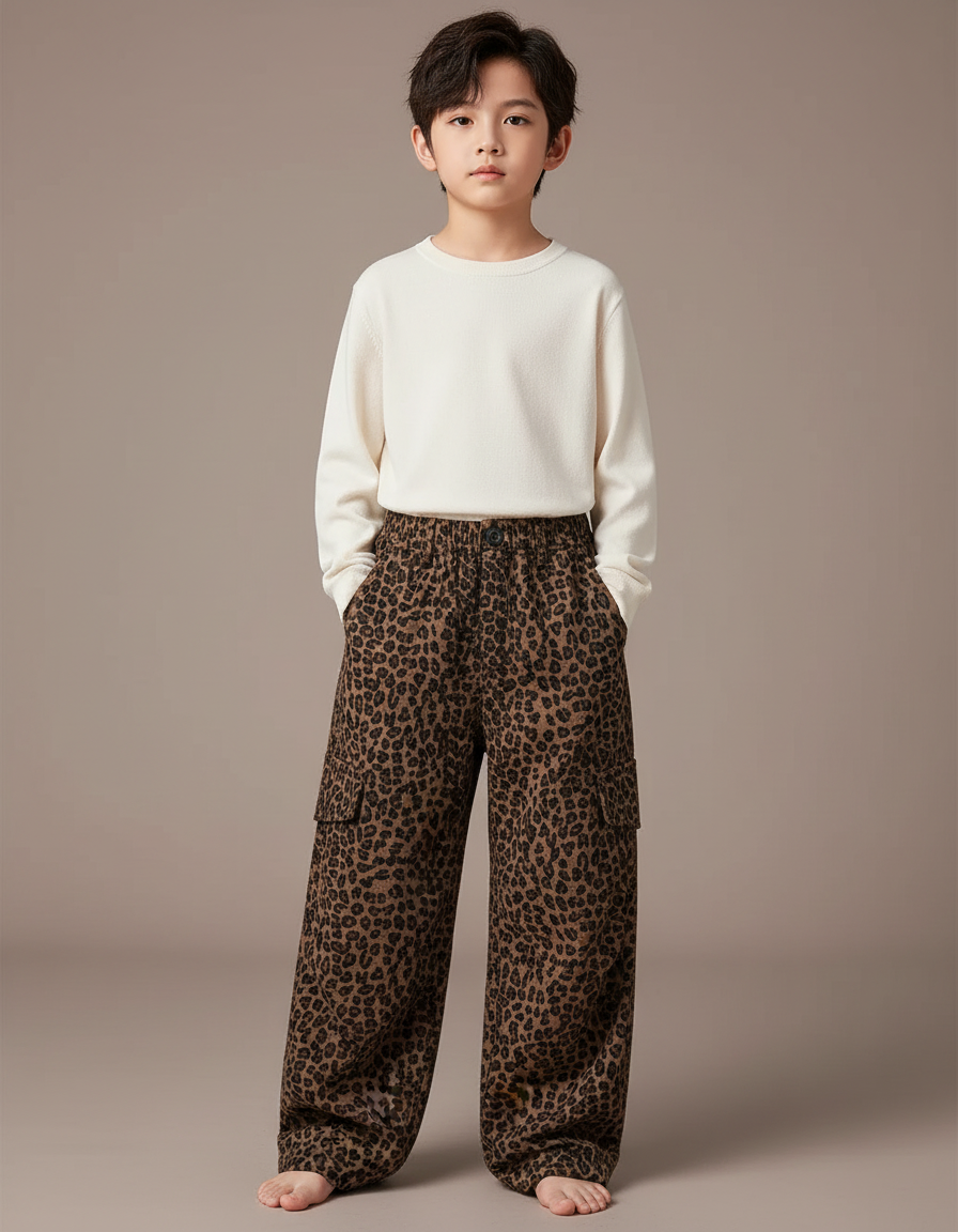 Pantalon Léopard Cargo Ample Marron Imprimé Enfants - Velours