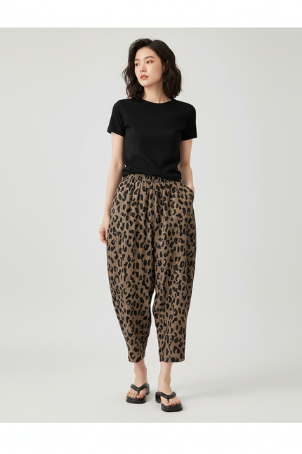 Pantalon Léopard Marron Ample Motif Animal Décontracté - Lin