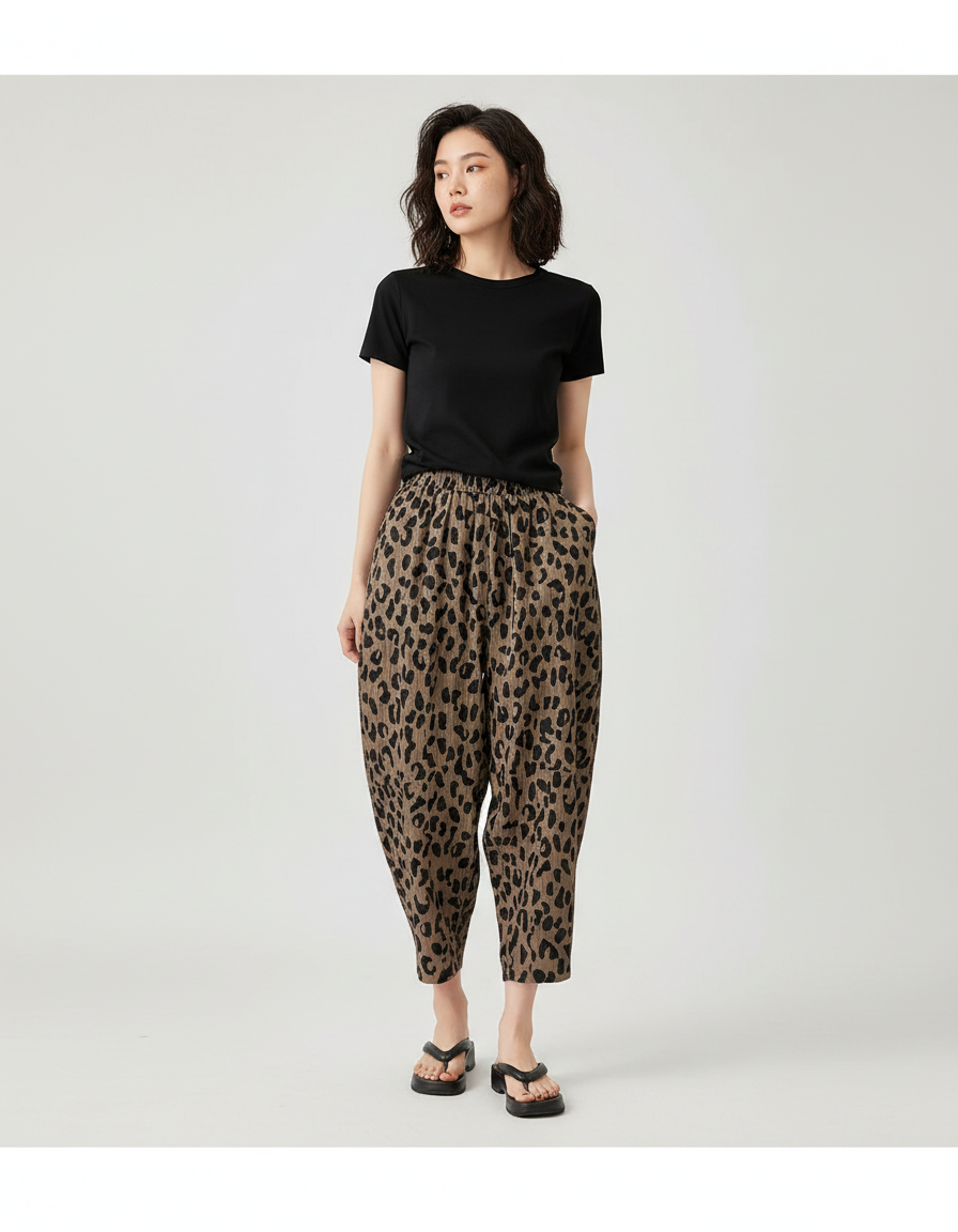 Pantalon Léopard Marron Ample Motif Animal Décontracté - Lin