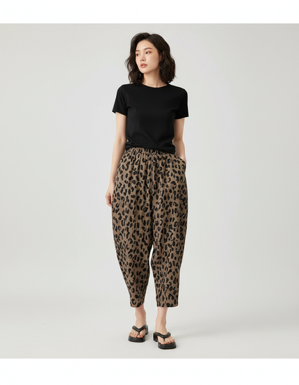 Pantalon Léopard Marron Ample Motif Animal Décontracté - Lin