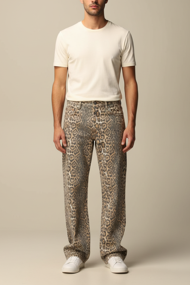 Pantalon Léopard Homme Ample Imprimé Vintage Denim - Jean