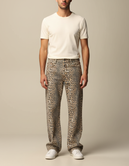 Pantalon Léopard Homme Ample Imprimé Vintage Denim - Jean