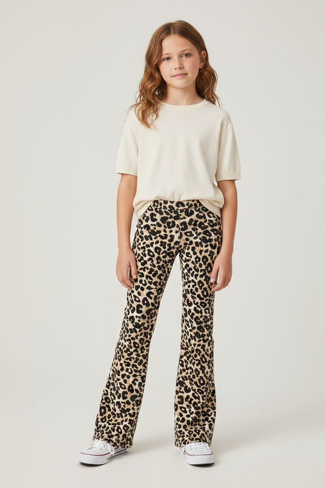 Pantalon Léopard Évasé Imprimé Marron Ajusté Fille - Maille