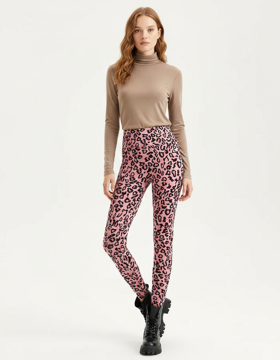 Pantalon Léopard Rose Imprimé Ajusté Stretch Femme - Polyester