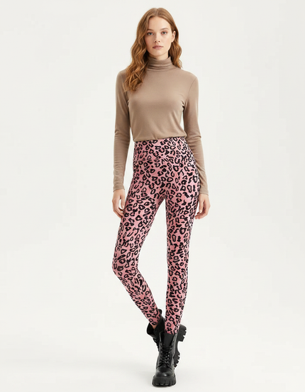 Pantalon Léopard Rose Imprimé Ajusté Stretch Femme - Polyester