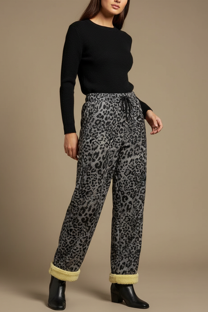 Pantalon Léopard Gris Ample Molletonné Doux