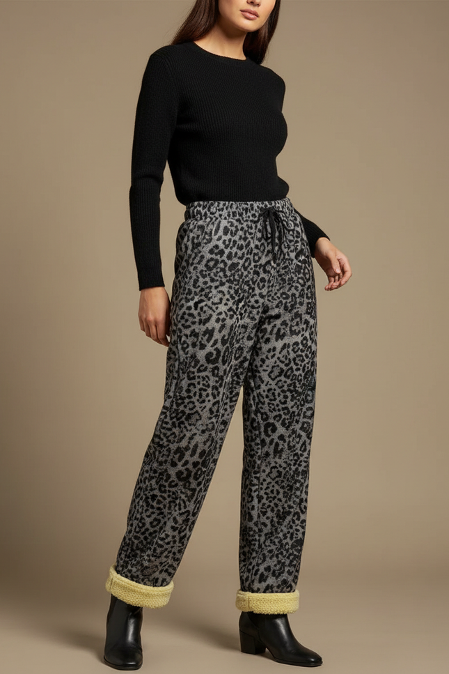 Pantalon Léopard Gris Ample Molletonné Doux