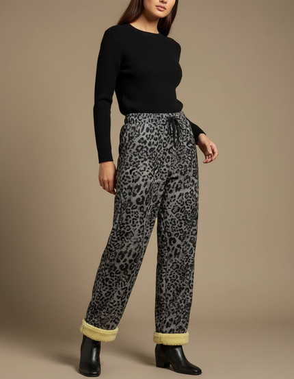 Pantalon Léopard Gris Ample Molletonné Doux