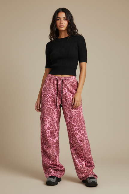 Pantalon Léopard Rose Satiné Ample Imprimé Y2K