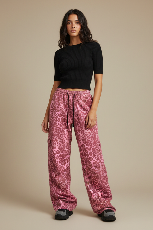 Pantalon Léopard Rose Satiné Ample Imprimé Y2K