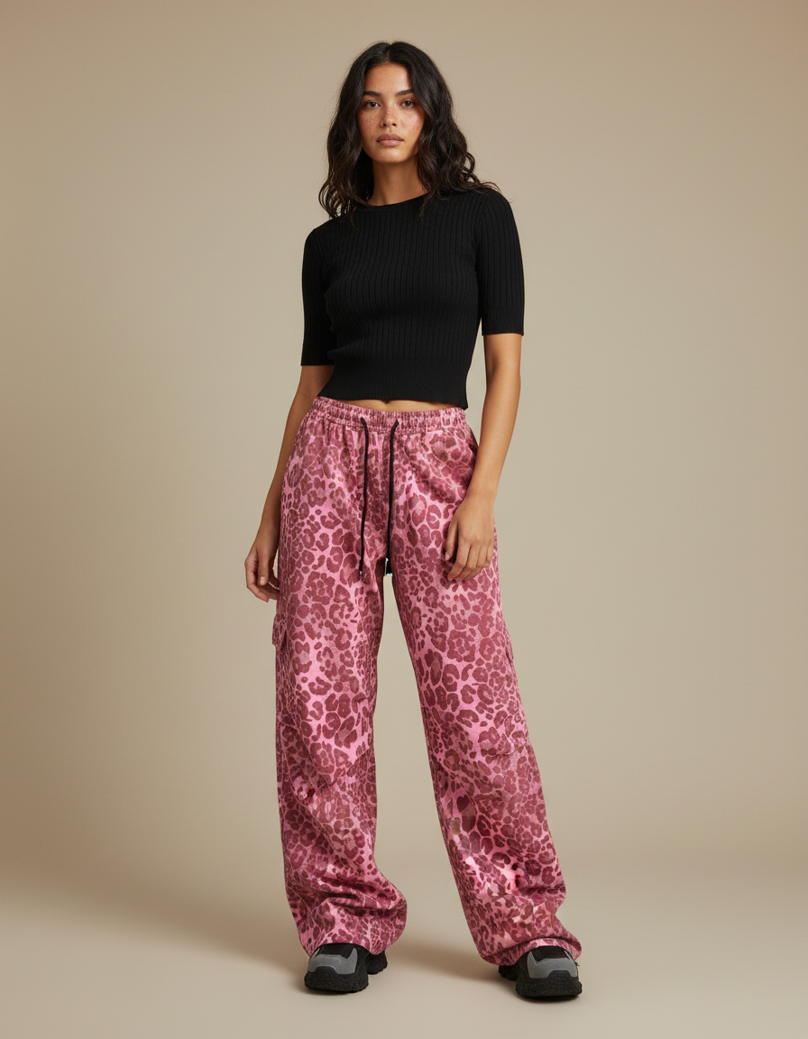 Pantalon Léopard Rose Satiné Ample Imprimé Y2K