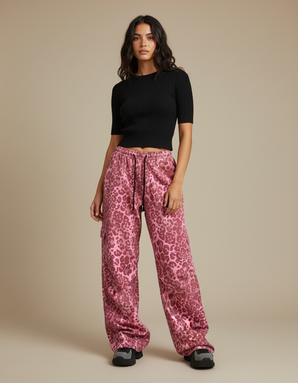 Pantalon Léopard Rose Satiné Ample Imprimé Y2K