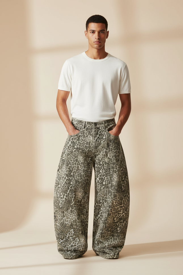 Pantalon Léopard Gris Ample Imprimé Décontracté Homme - Jean