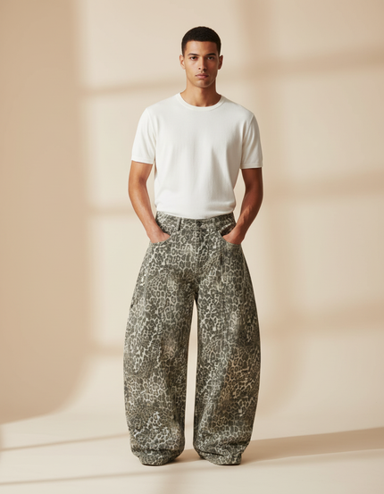 Pantalon Léopard Gris Ample Imprimé Décontracté Homme - Jean