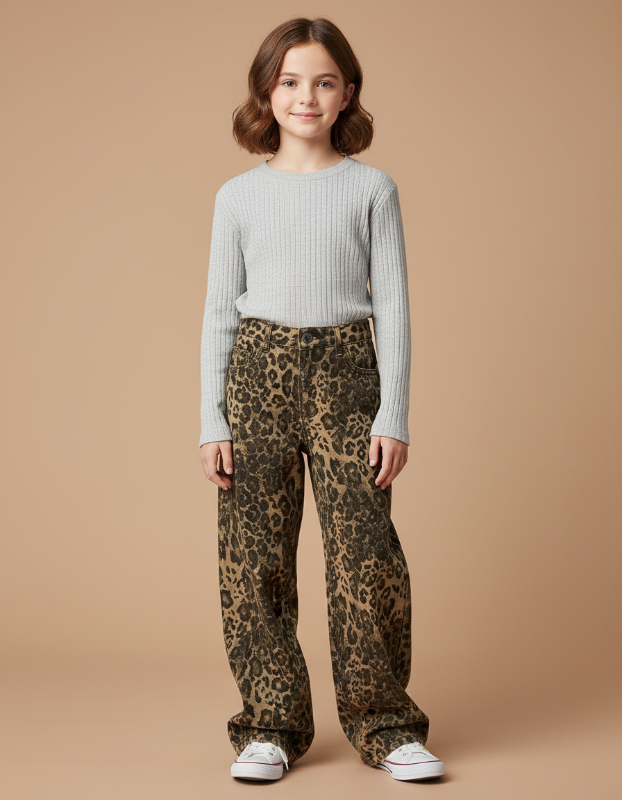 Pantalon Léopard Ample Imprimé Marron Fille Décontracté - Jean