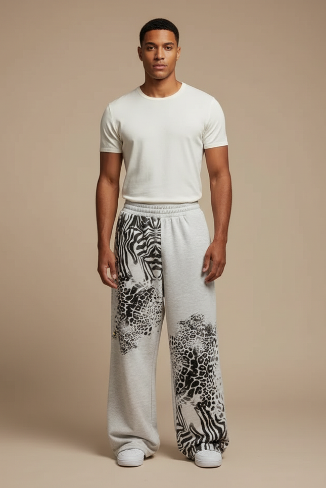 Pantalon Léopard Gris Ample Imprimé Animal Coton - Molleton