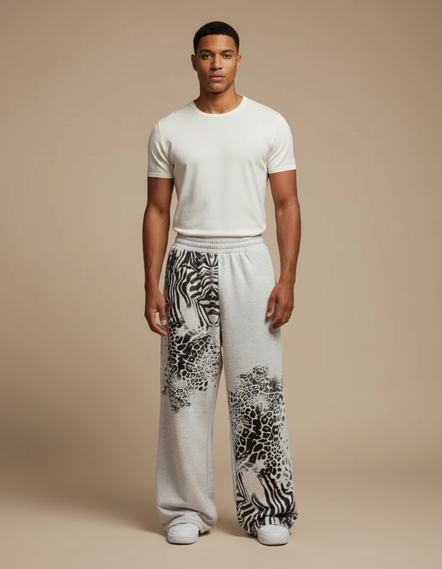 Pantalon Léopard Gris Ample Imprimé Animal Coton - Molleton