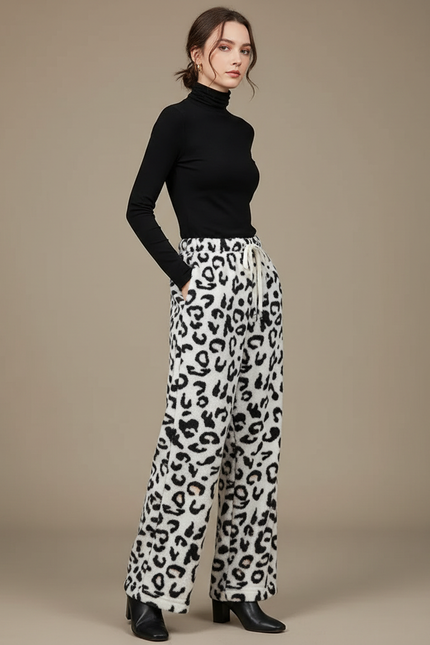 Pantalon Léopard Blanc Noir Ample Molletonné Femme - Imprimé