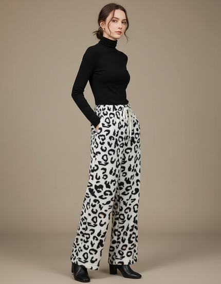 Pantalon Léopard Blanc Noir Ample Molletonné Femme - Imprimé