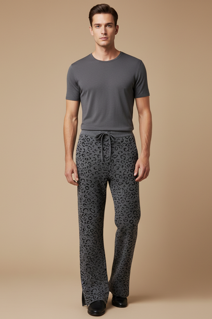 Pantalon Léopard Gris Évasé Motif Animal Homme - Maille