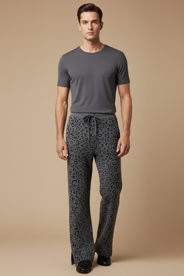 Pantalon Léopard Gris Évasé Motif Animal Homme - Maille