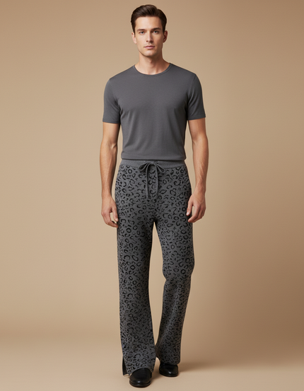 Pantalon Léopard Gris Évasé Motif Animal Homme - Maille
