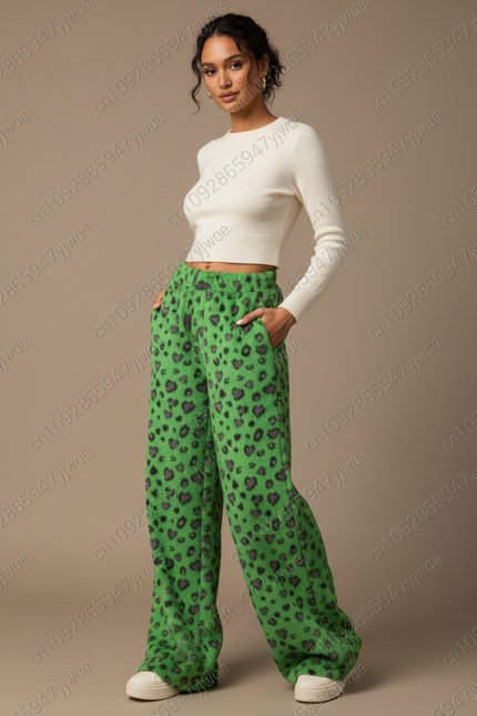Pantalon Léopard Vert Ample Doux Motif Cœurs - Molleton