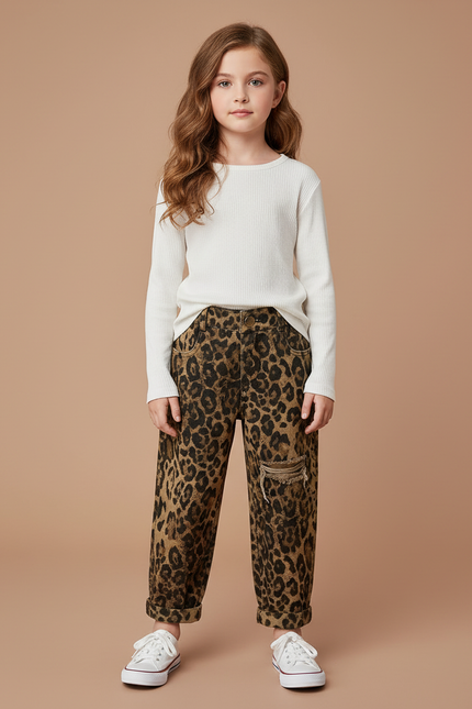 Pantalon Léopard Ample Marron Imprimé Déchiré Fille - Jean