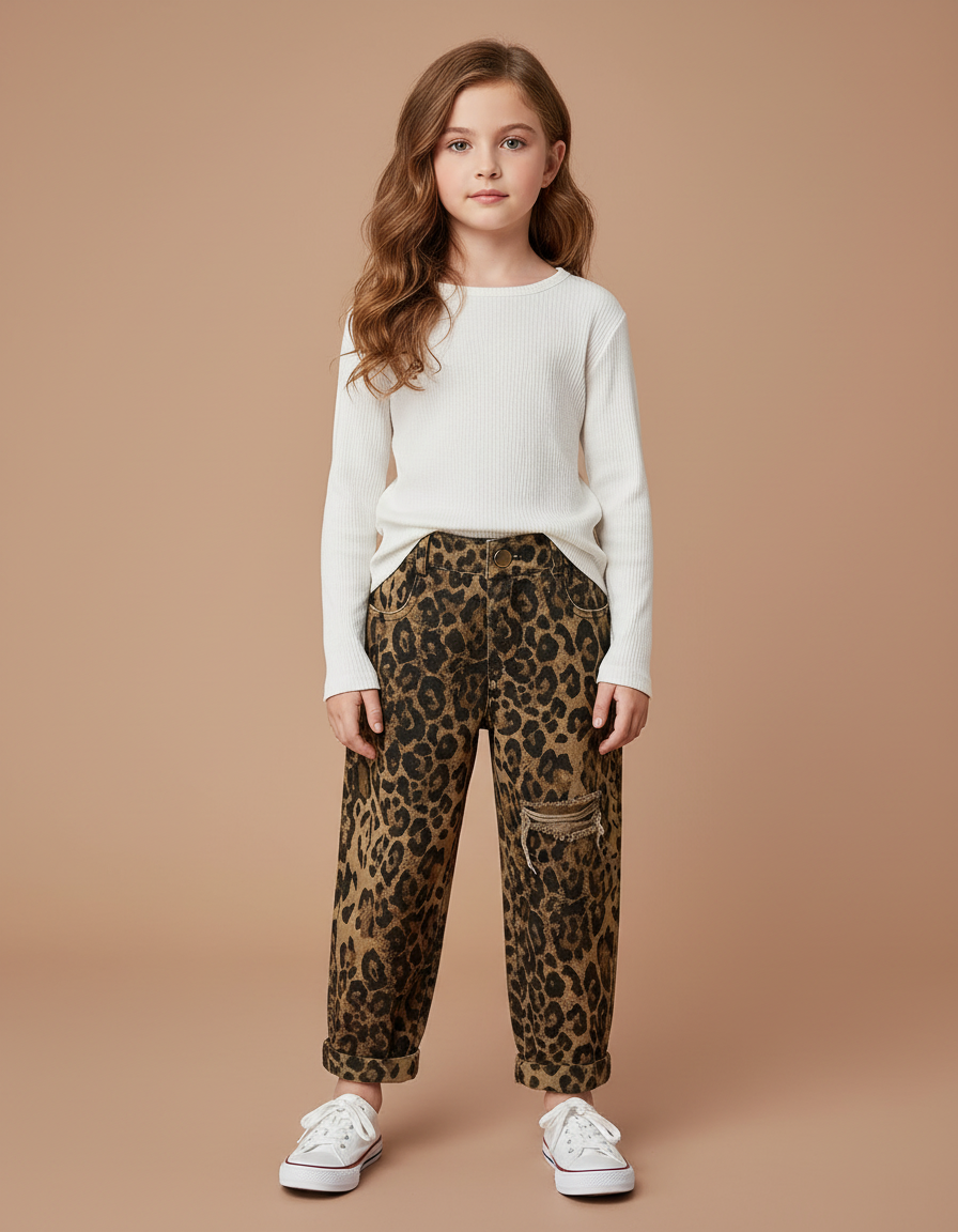 Pantalon Léopard Ample Marron Imprimé Déchiré Fille - Jean