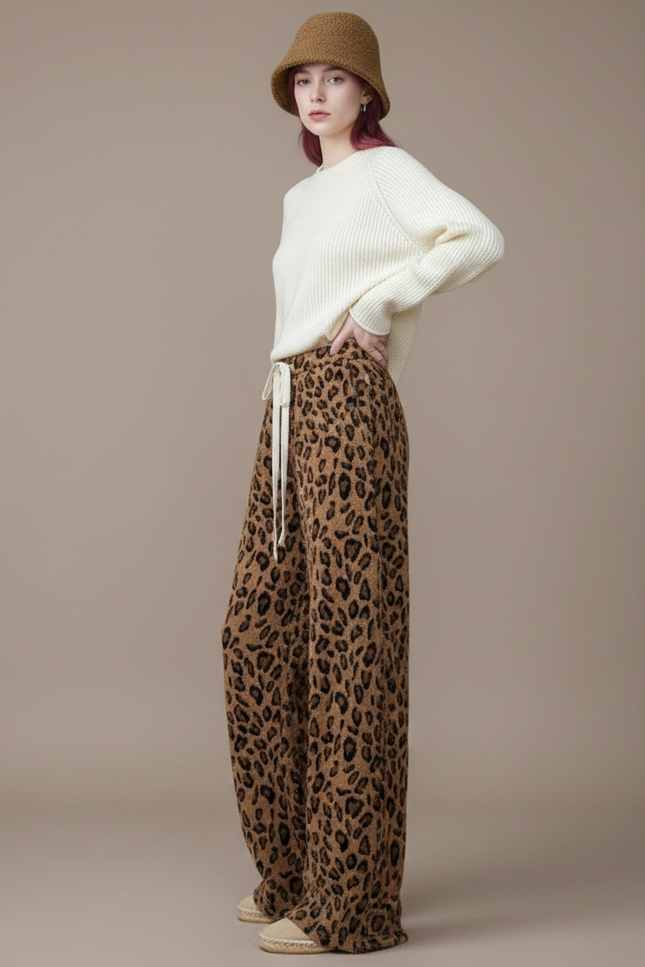 Pantalon Léopard Marron Ample Doux Velours Hiver