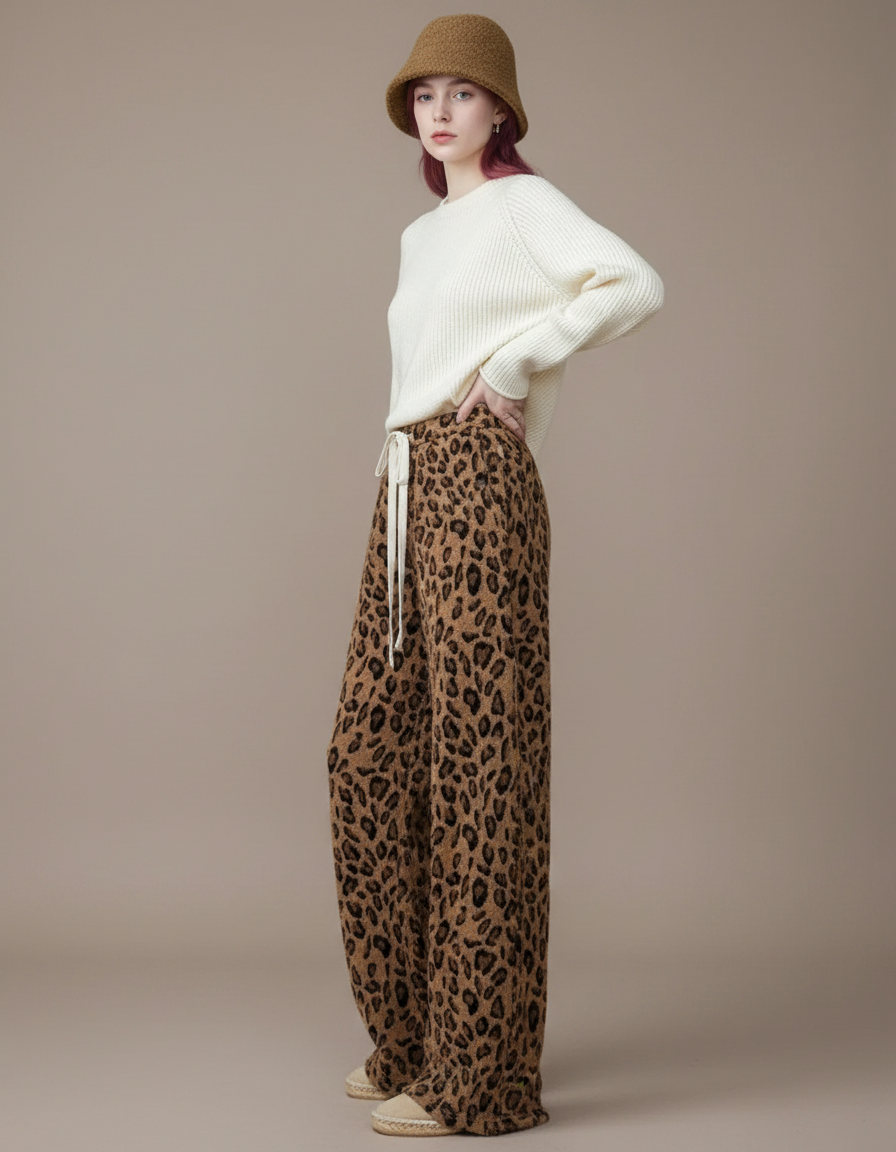 Pantalon Léopard Marron Ample Doux Velours Hiver