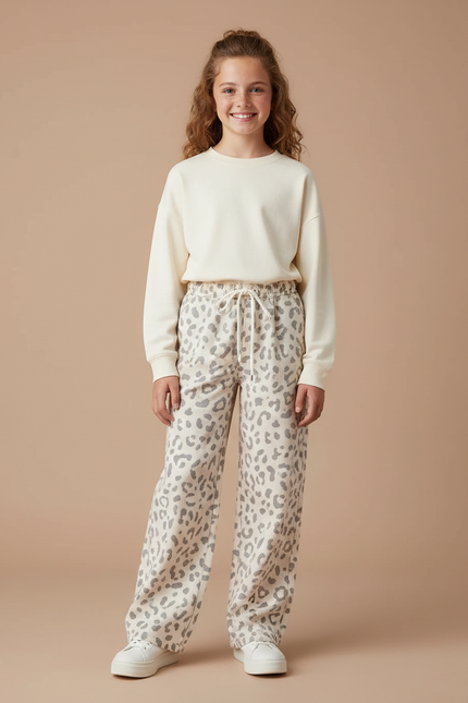 Pantalon Léopard Blanc Gris Ample Décontracté Confortable - Imprimé Molleton