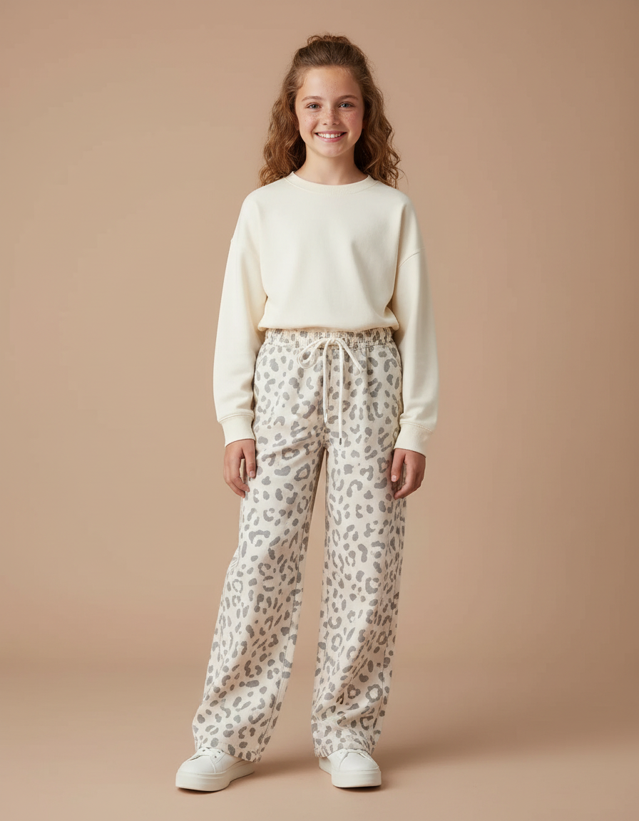 Pantalon Léopard Blanc Gris Ample Décontracté Confortable - Imprimé Molleton