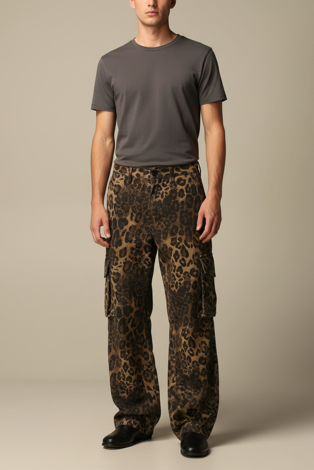 Pantalon Léopard Homme Cargo Imprimé Ample Marron - Toile