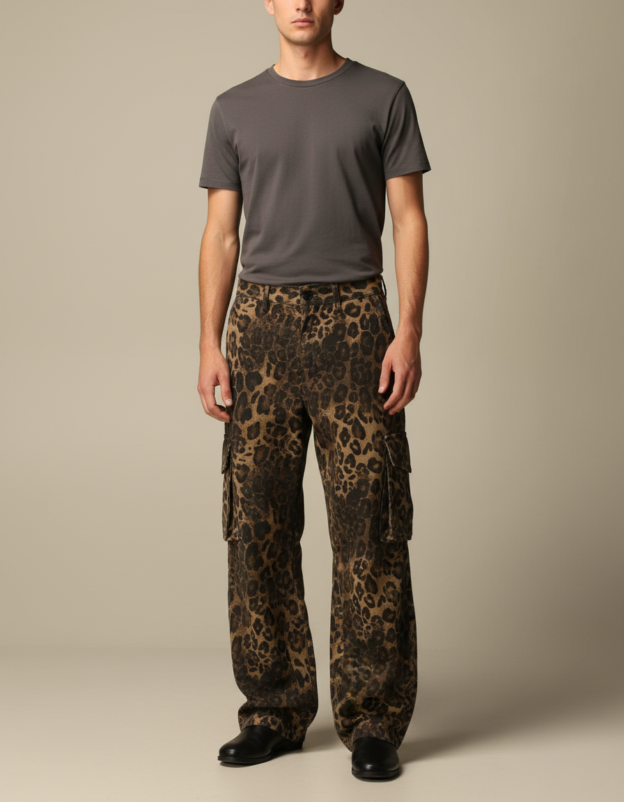 Pantalon Léopard Homme Cargo Imprimé Ample Marron - Toile