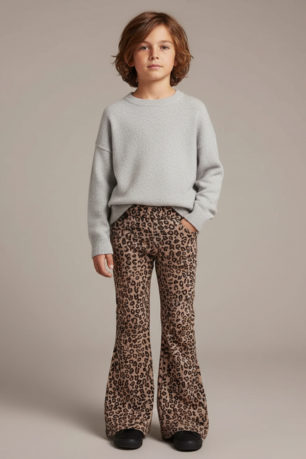 Pantalon Léopard Marron Imprimé Évasé Coton Enfant - Cordé