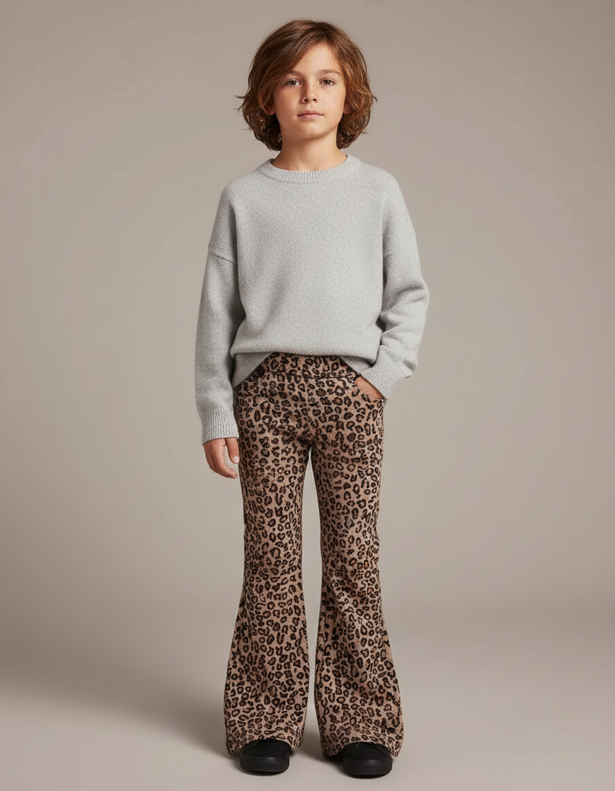 Pantalon Léopard Marron Imprimé Évasé Coton Enfant - Cordé