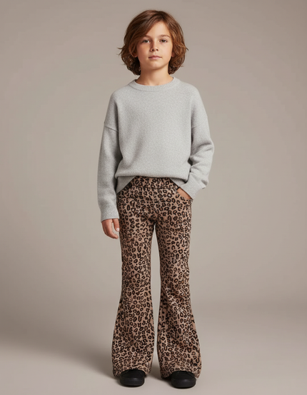 Pantalon Léopard Marron Imprimé Évasé Coton Enfant - Cordé