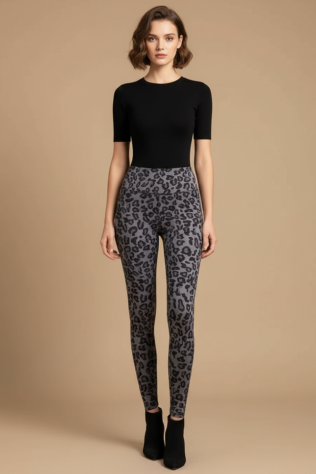 Pantalon Léopard Gris Imprimé Slim Élastique Femme - Maille