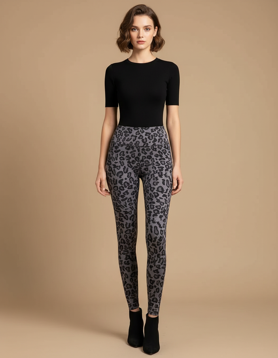 Pantalon Léopard Gris Imprimé Slim Élastique Femme - Maille