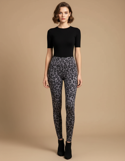 Pantalon Léopard Gris Imprimé Slim Élastique Femme - Maille