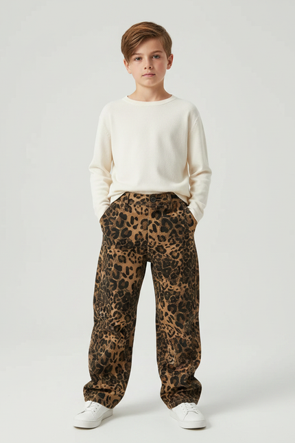 Pantalon Léopard Ample Marron Imprimé Garçon Coton