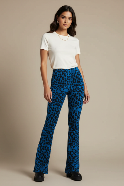 Pantalon Léopard Bleu Évasé Imprimé Animal Femme - Maille