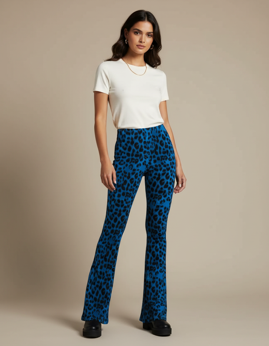 Pantalon Léopard Bleu Évasé Imprimé Animal Femme - Maille