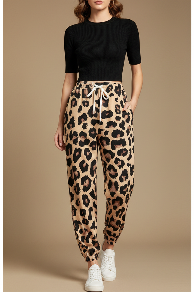 Pantalon Léopard Beige Ample Imprimé Décontracté Femme - Molleton