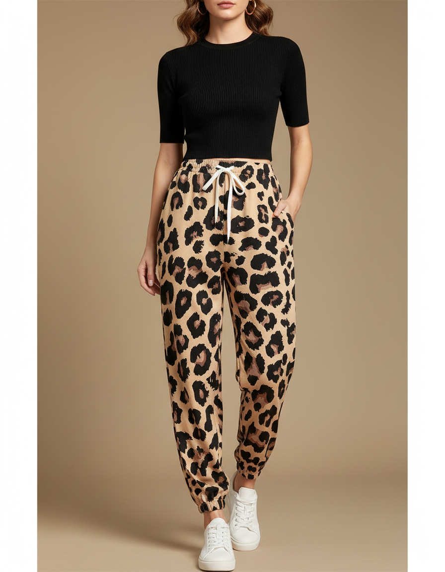 Pantalon Léopard Beige Ample Imprimé Décontracté Femme - Molleton